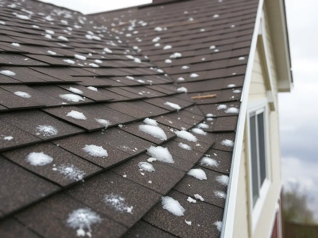 A damaged roof after a severe hailstorm, with visible dents and broken shingles. The image should highlight the urgency and need for immediate storm damage restoration.