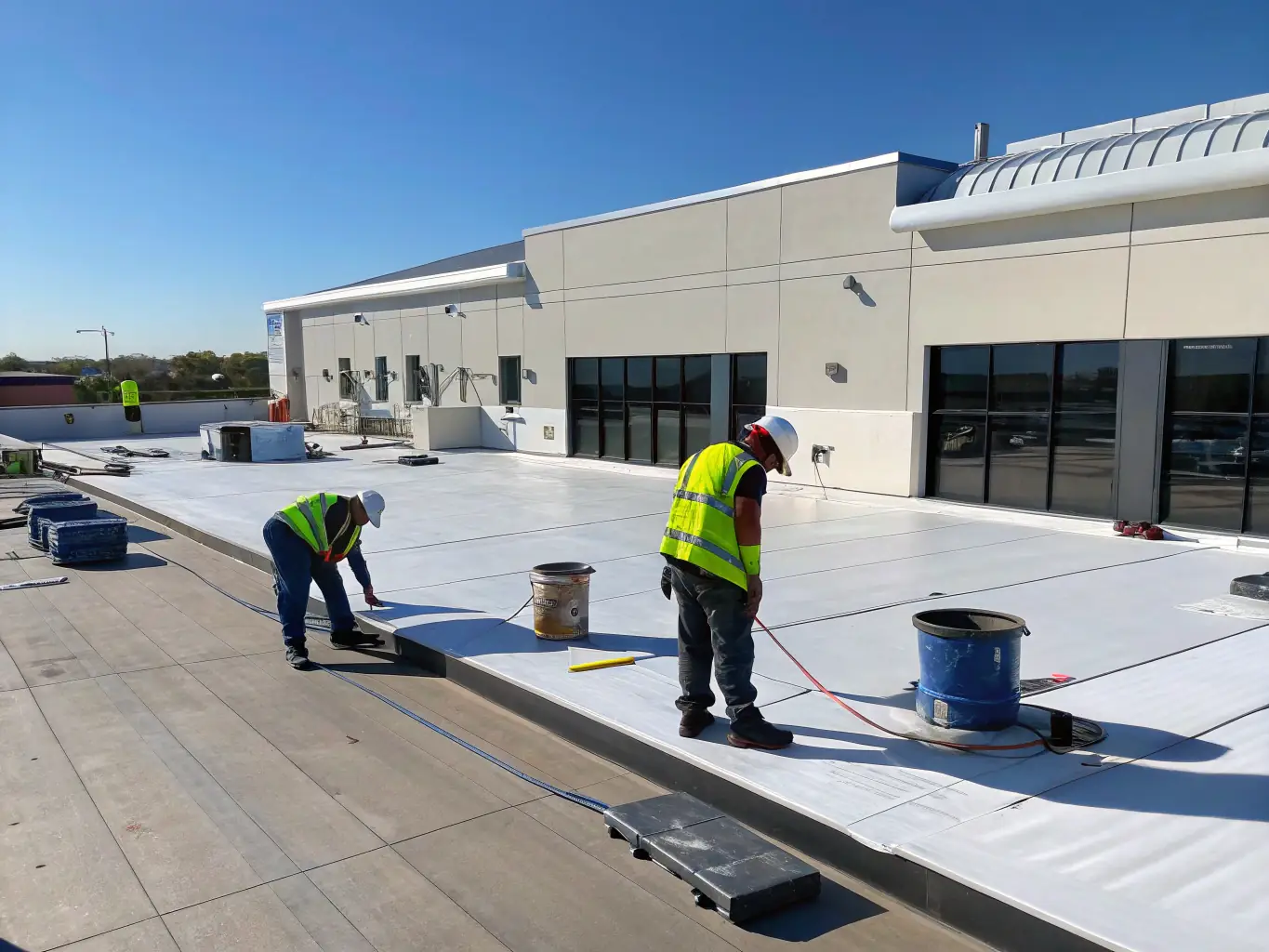 A wide shot of a commercial building with a flat roof being inspected by a T.O.T.L. Construction LLC team member. The image should highlight the scale of the project and the professionalism of the crew.