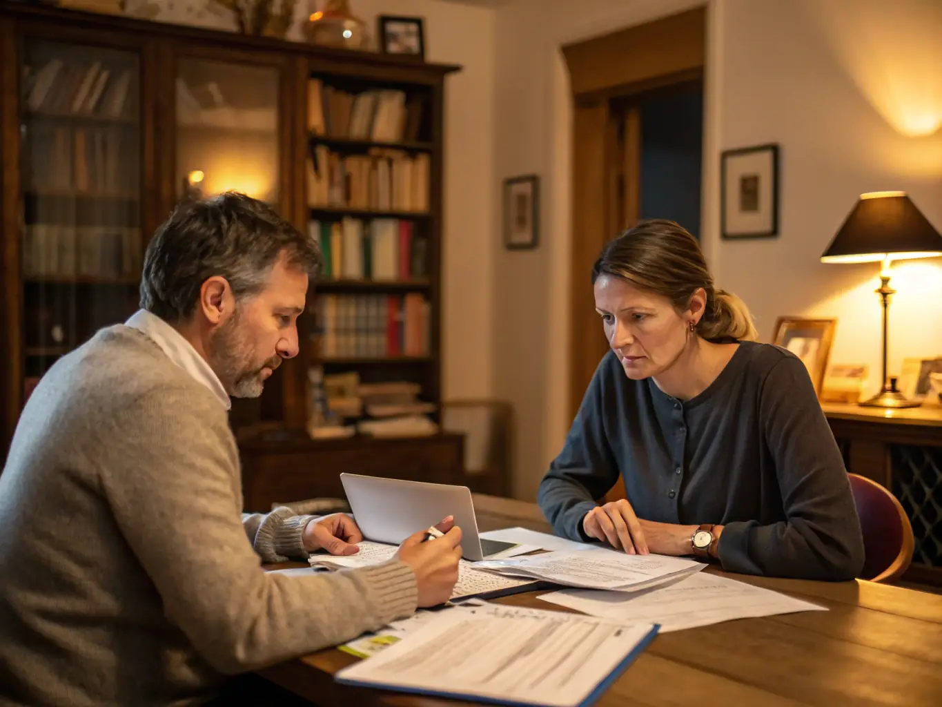 An interior shot of a homeowner reviewing an insurance claim document with a T.O.T.L. Construction LLC representative. The image should convey trust and support during a stressful time.