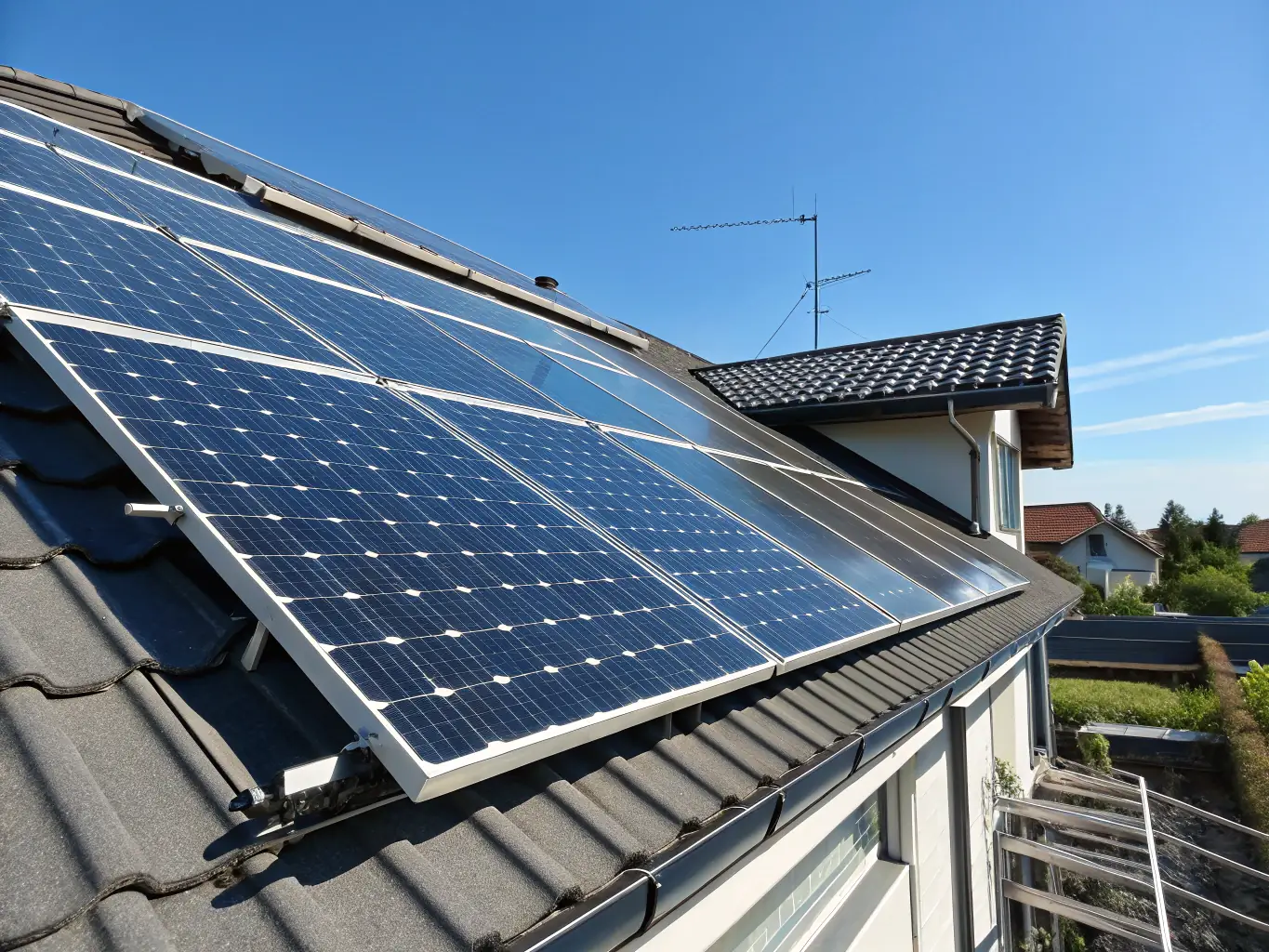 A close-up shot of high-efficiency solar panels, reflecting sunlight. The image highlights the advanced technology and durability of the panels, emphasizing their ability to convert sunlight into clean energy.