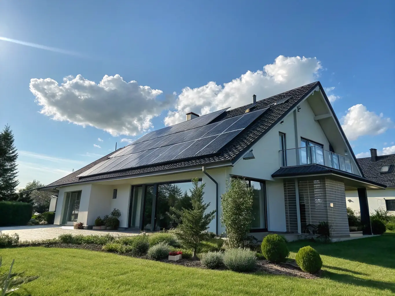 A modern home with sleek solar panels installed on the roof, set against a clear blue sky. The panels are seamlessly integrated into the roof design, showcasing a clean and efficient energy solution.