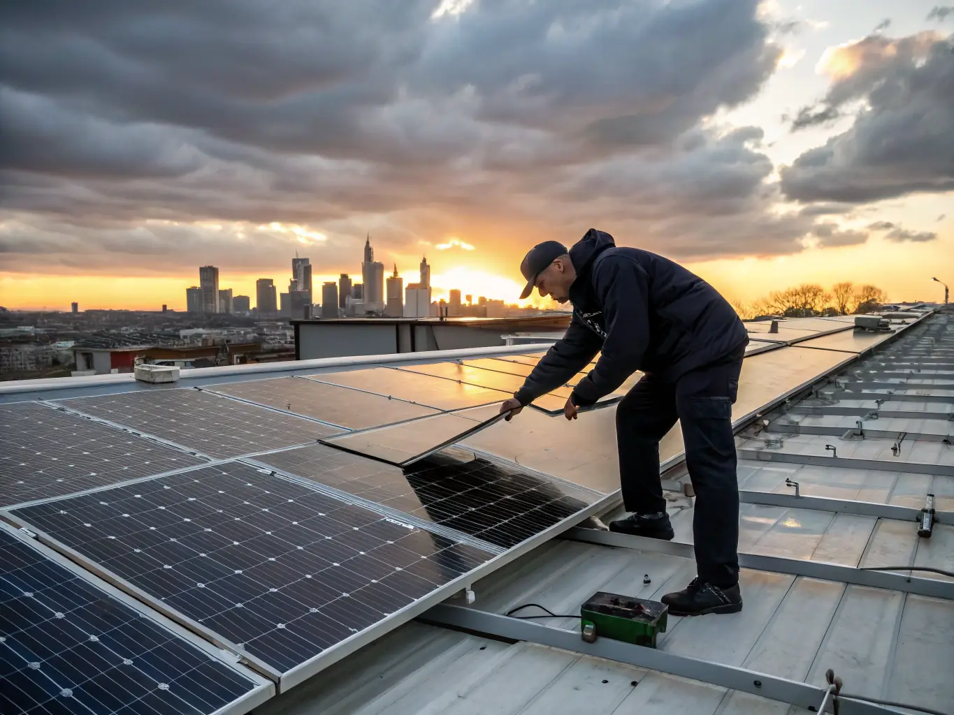 A technician installing solar panels on a commercial building's roof, with a cityscape in the background. The image showcases the professional installation process and the scalability of solar solutions for businesses.